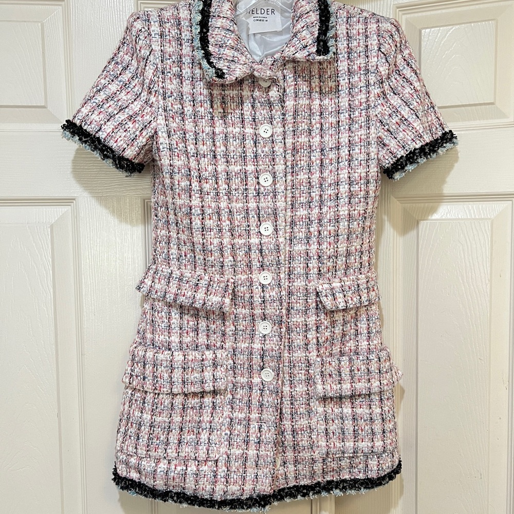 women Sz medium Enchanted Tweed mini Shirtdress quite luxury old money pockets - Picture 3 of 16